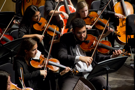 An overhead view of string musicians focused intently on playing violins and cellos during an orchestra performance.