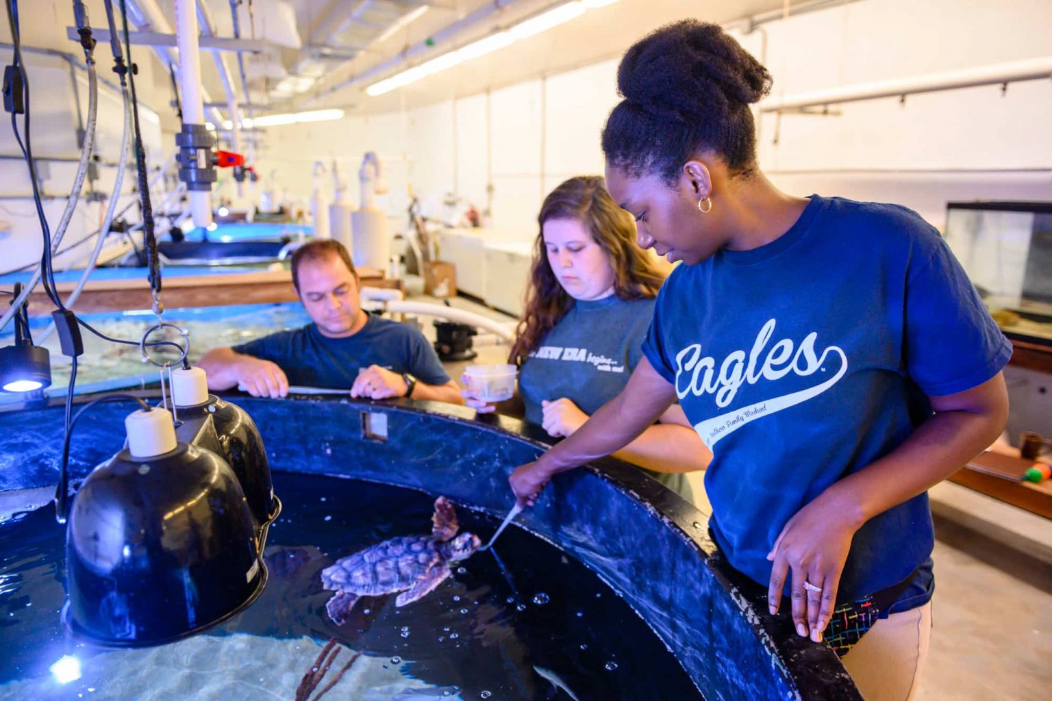 Students interacting with turtle in close enclosure