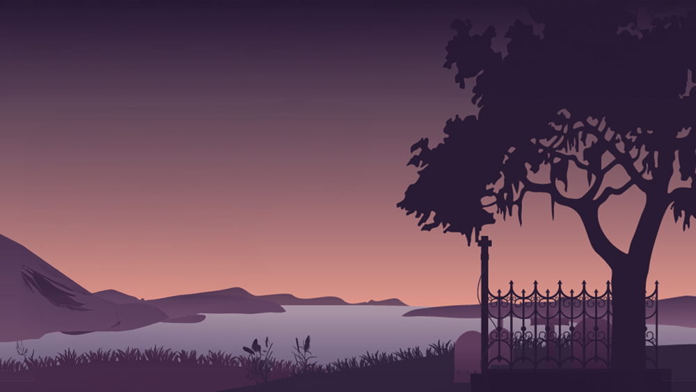 A vector illustration of a dusk landscape featuring a silhouetted tree with hanging moss next to an ornate wrought-iron gate and cemetery tombstones overlooking a serene body of water and distant hills under a purple-to-peach gradient sky.