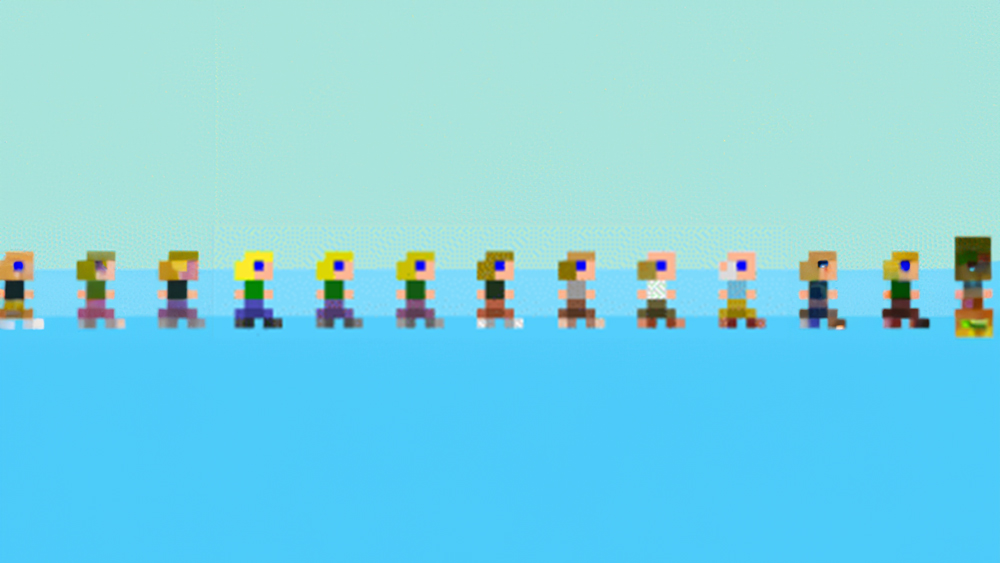 A side-scrolling line of pixel-art 8-bit human characters with varying hair, clothing, and skin tones walking across a light blue background.