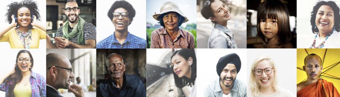 A wide composite grid featuring a diverse collection of 14 portrait headshots showing people of various ages, ethnicities, cultures, and attire from around the world.