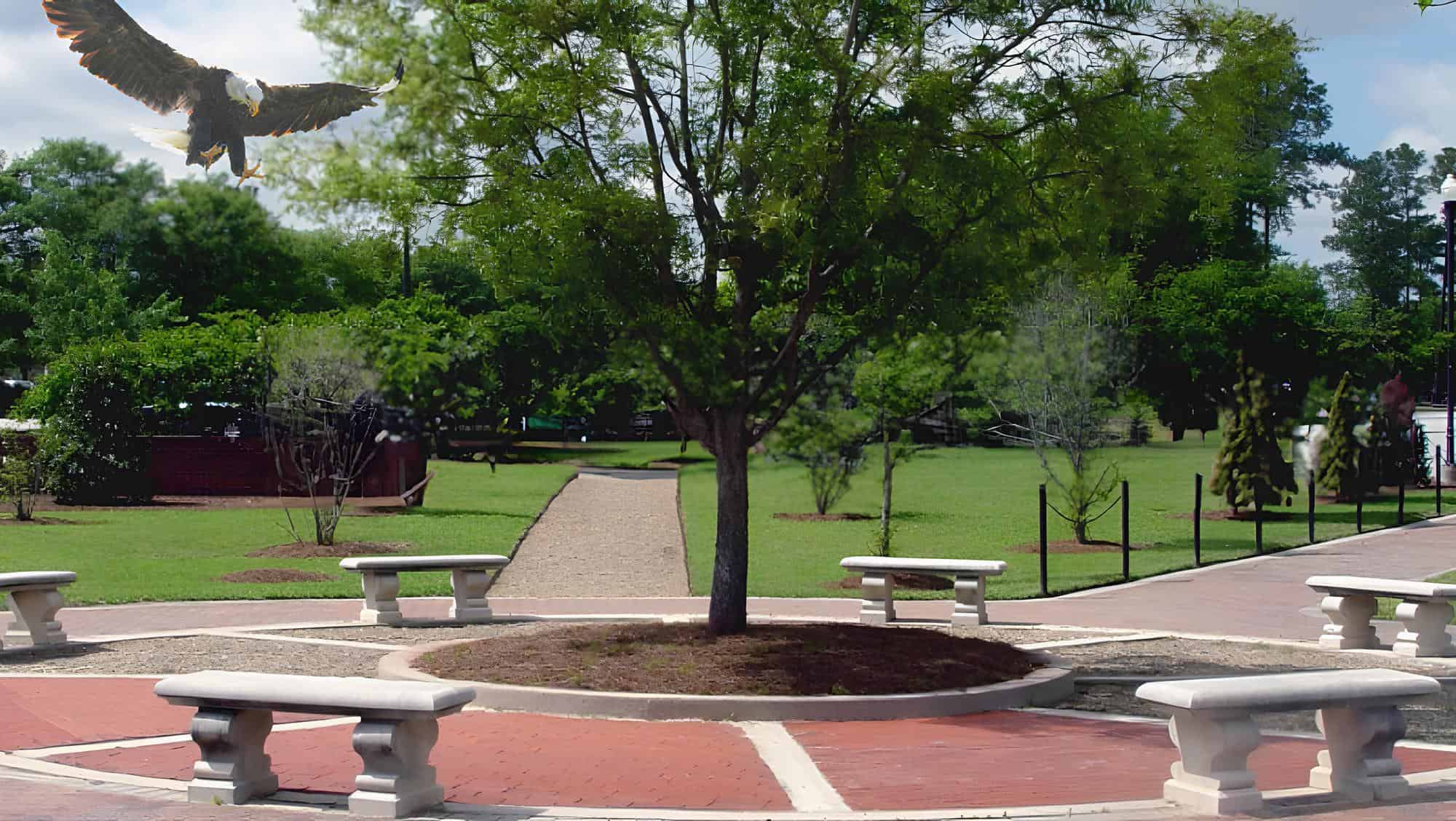 A scenic outdoor campus courtyard featuring concrete benches surrounding a central tree, green lawns, pathways, and a bald eagle in flight composite in the upper left sky.