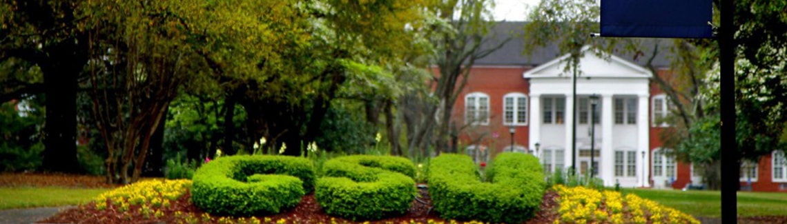 A wide banner view of green topiary hedges spelling out 