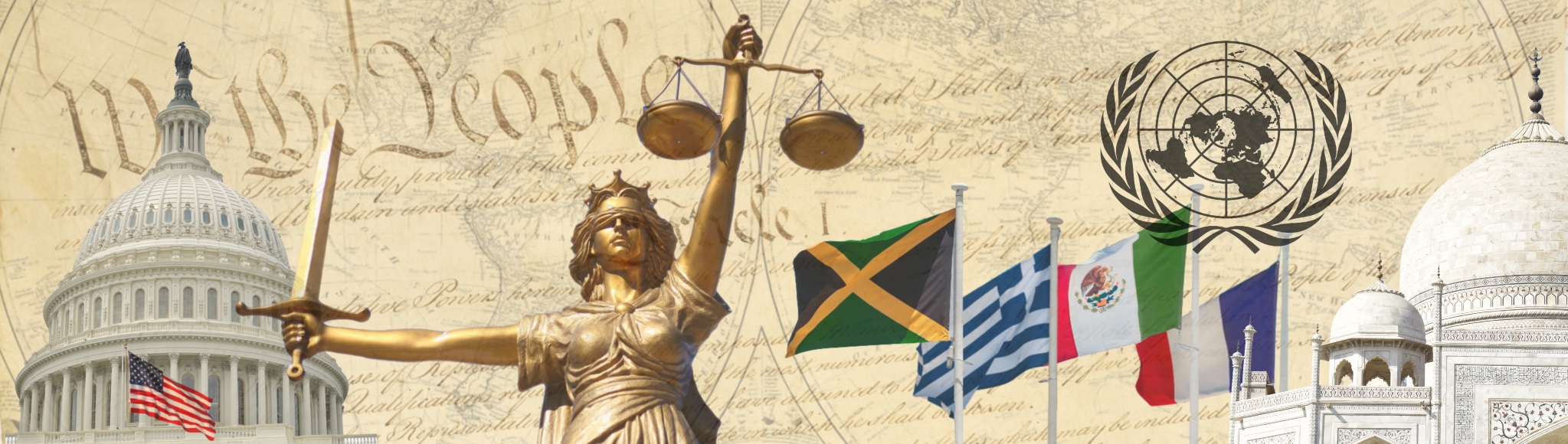 A composite graphic banner themed around international law and government. It features Lady Justice in the center holding a sword and scales, set against a background of historical manuscripts (