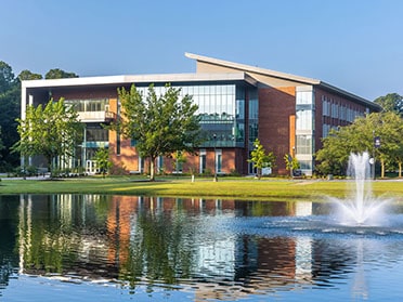 A pond and fountain outside Georgia Southern's Center for Engineering and Research