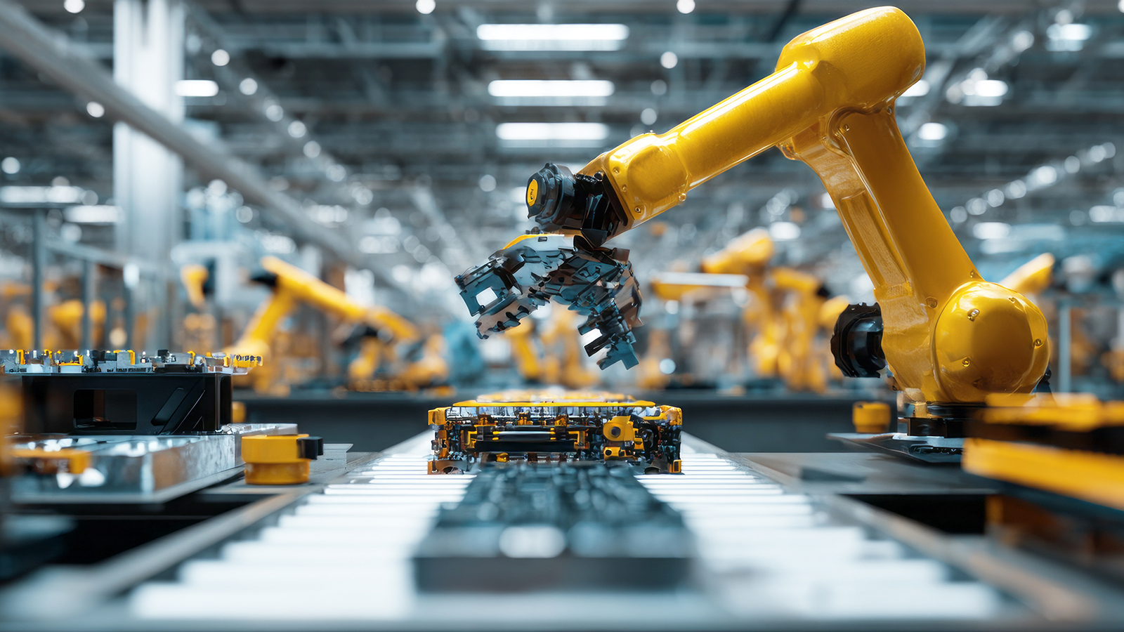 An image of robots assembling parts on a conveyor belt.