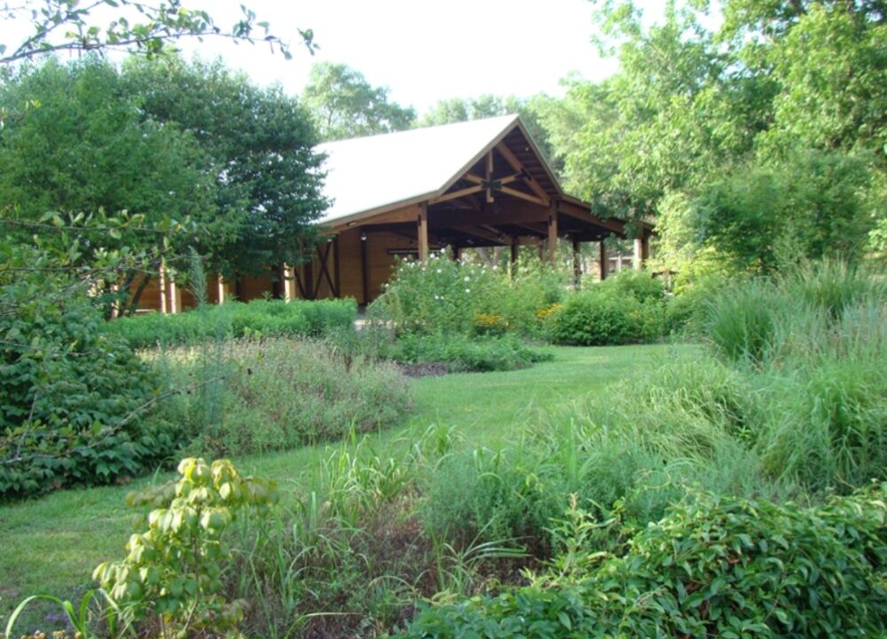 An open-air wooden pavilion with a white gabled roof, nestled behind lush green lawn grass, manicured shrubbery, and diverse garden foliage.