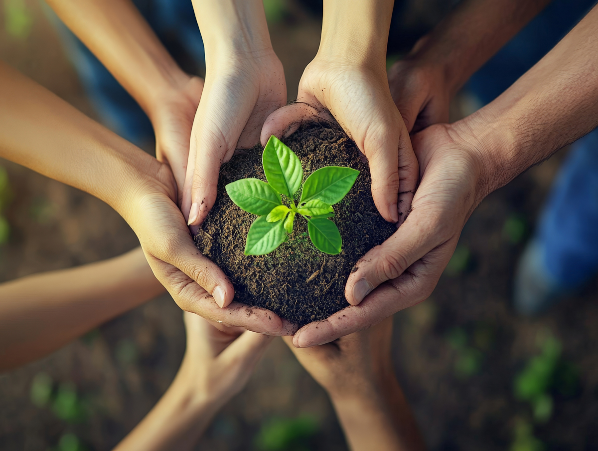 A top-down, close-up view of multiple pairs of hands gently cupping a small green plant growing out of a handful of rich soil.