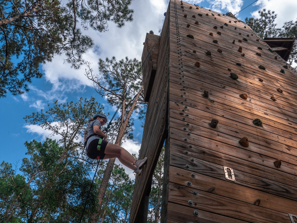 A low-angle shot of a person wearing a helmet and safety harness rappelling down a tall wooden climbing tower surrounded by pine trees under a blue sky.
