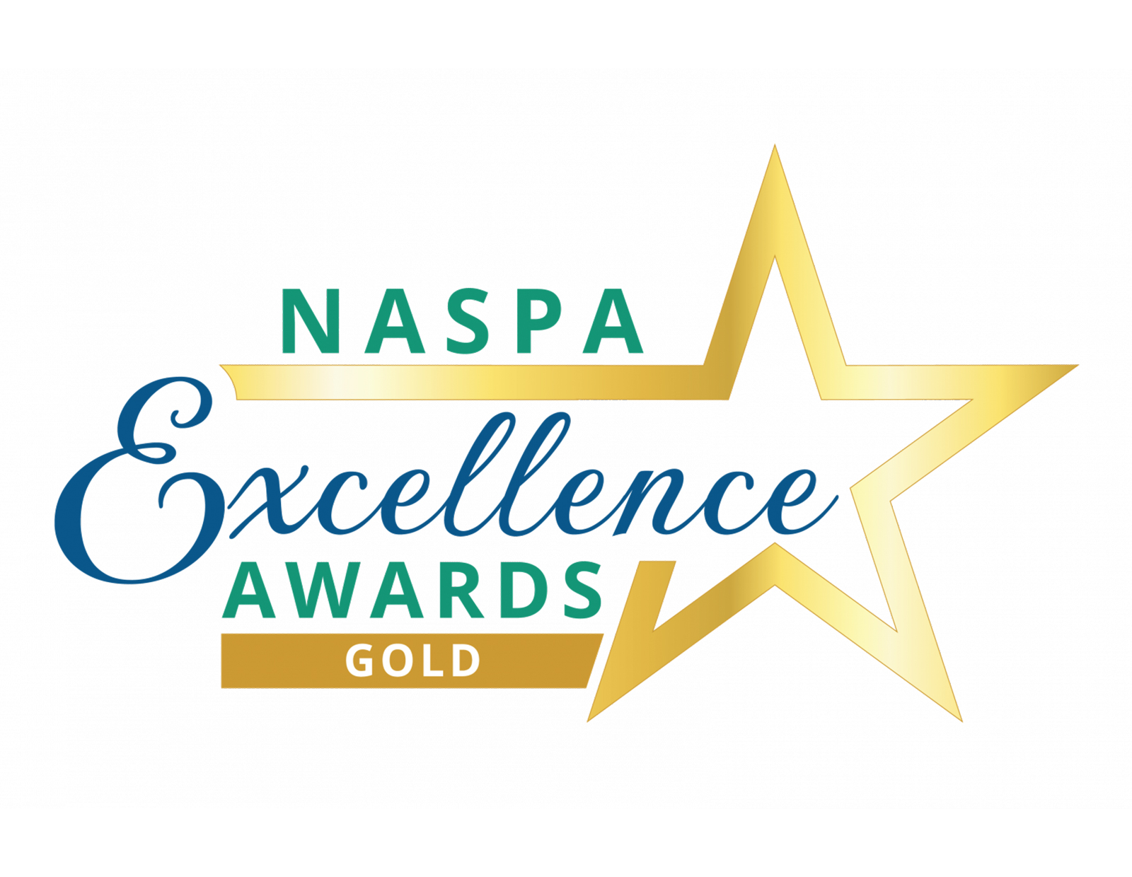 The NASPA Excellence Awards Gold logo featuring a large gold star outline alongside teal and blue typography.