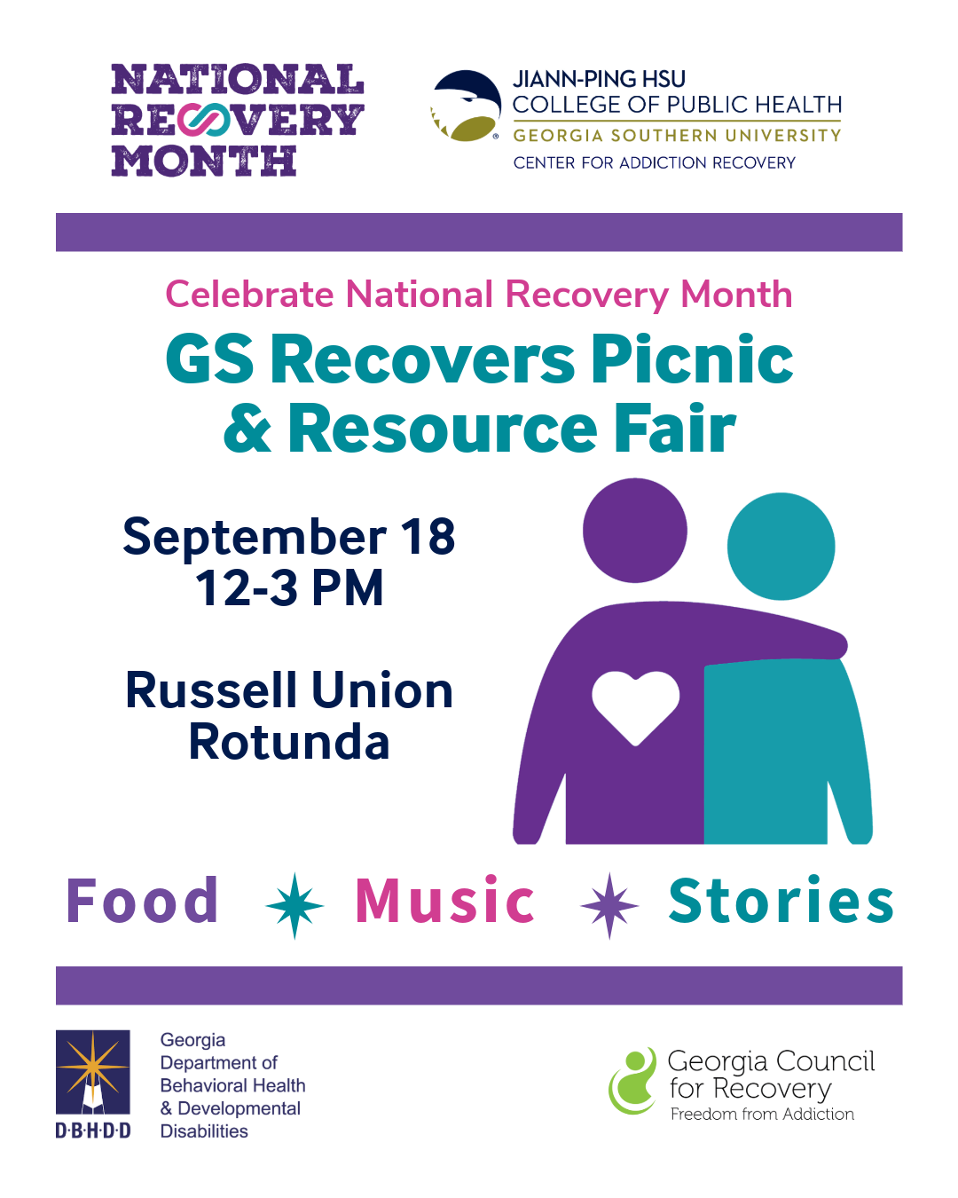 Event poster for the upcoming GS Recovers Picnic and Resource Fair. The event is Sept. 18 from noon to 3 p.m. on the Statesboro Campus.