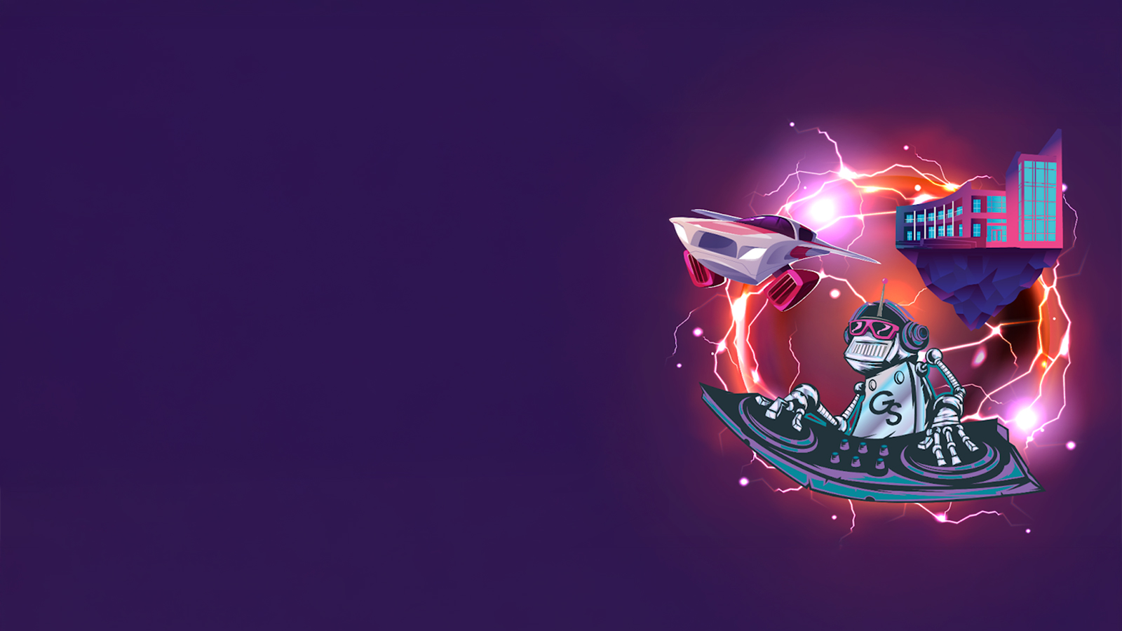 A futuristic digital illustration set against a deep purple background. On the right, a robot DJ wearing pink sunglasses and headphones scratches records on a turntable. Above the robot, a futuristic flying car and a modern building floating on a rock are surrounded by energetic pink and white lightning bolts.