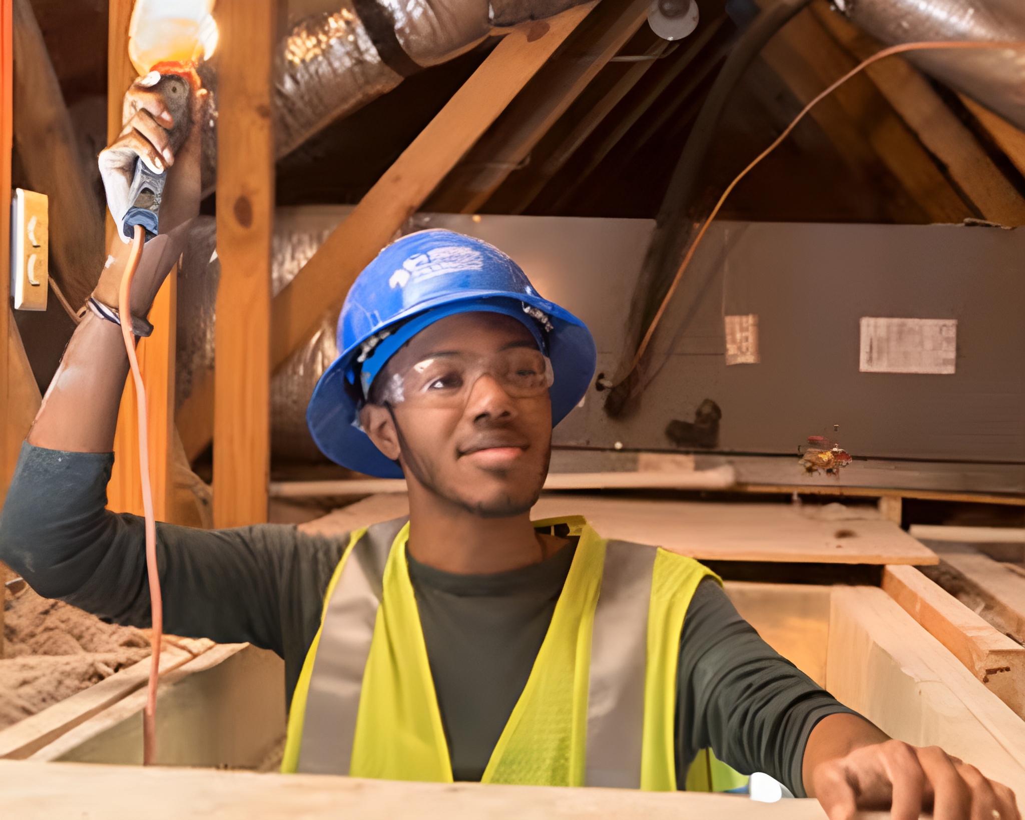 A young technician wearing a blue hard hat, safety glasses, and a high-visibility vest holds up a work light while inspecting an attic space.