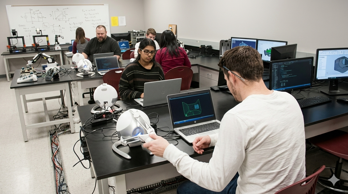 Students and researchers work in a modern engineering lab equipped with laptops, 3D design software, and specialized haptic robotic devices used for virtual reality and precision tasks.