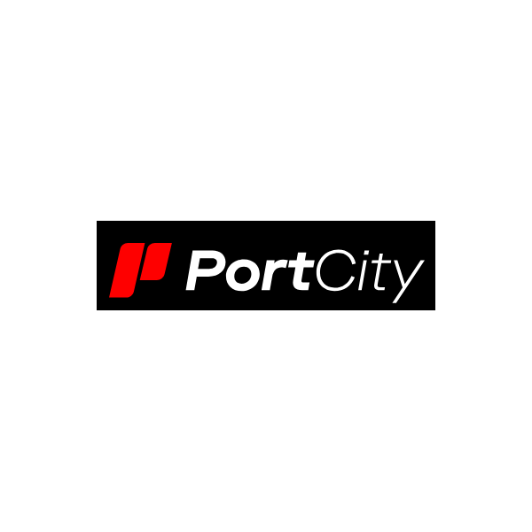 PortCity logo: black banner with a red abstract mark and white 'PortCity' text on the center-left.