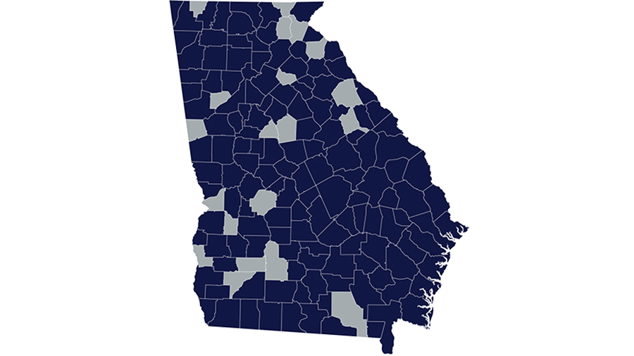 Map of a U.S. state showing county boundaries; most counties are dark blue with a few gray counties highlighted.