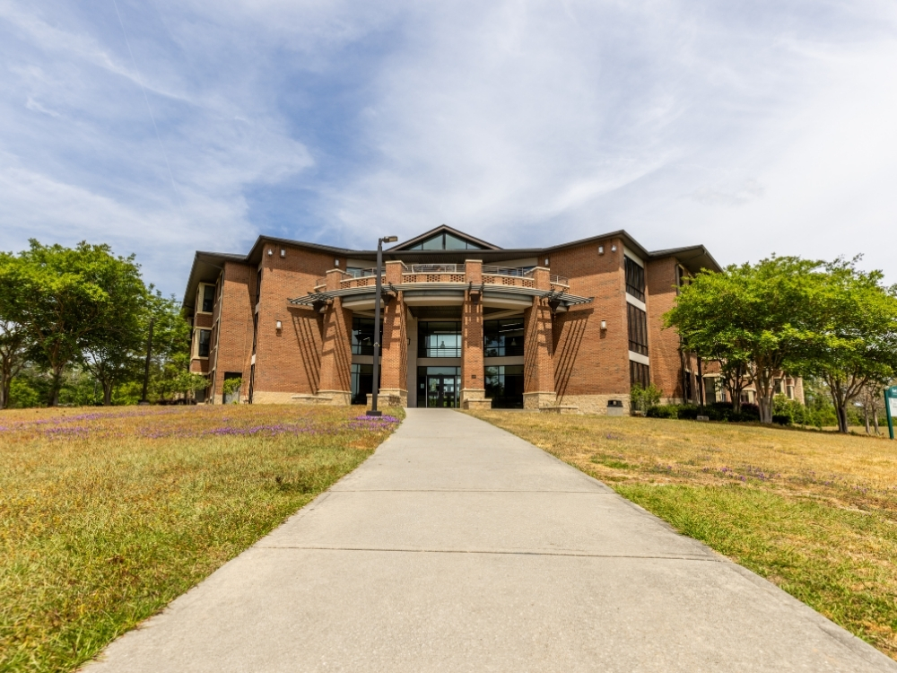 Brick university-style building with glass entrance, approached by a wide concrete walkway from a grassy lawn.