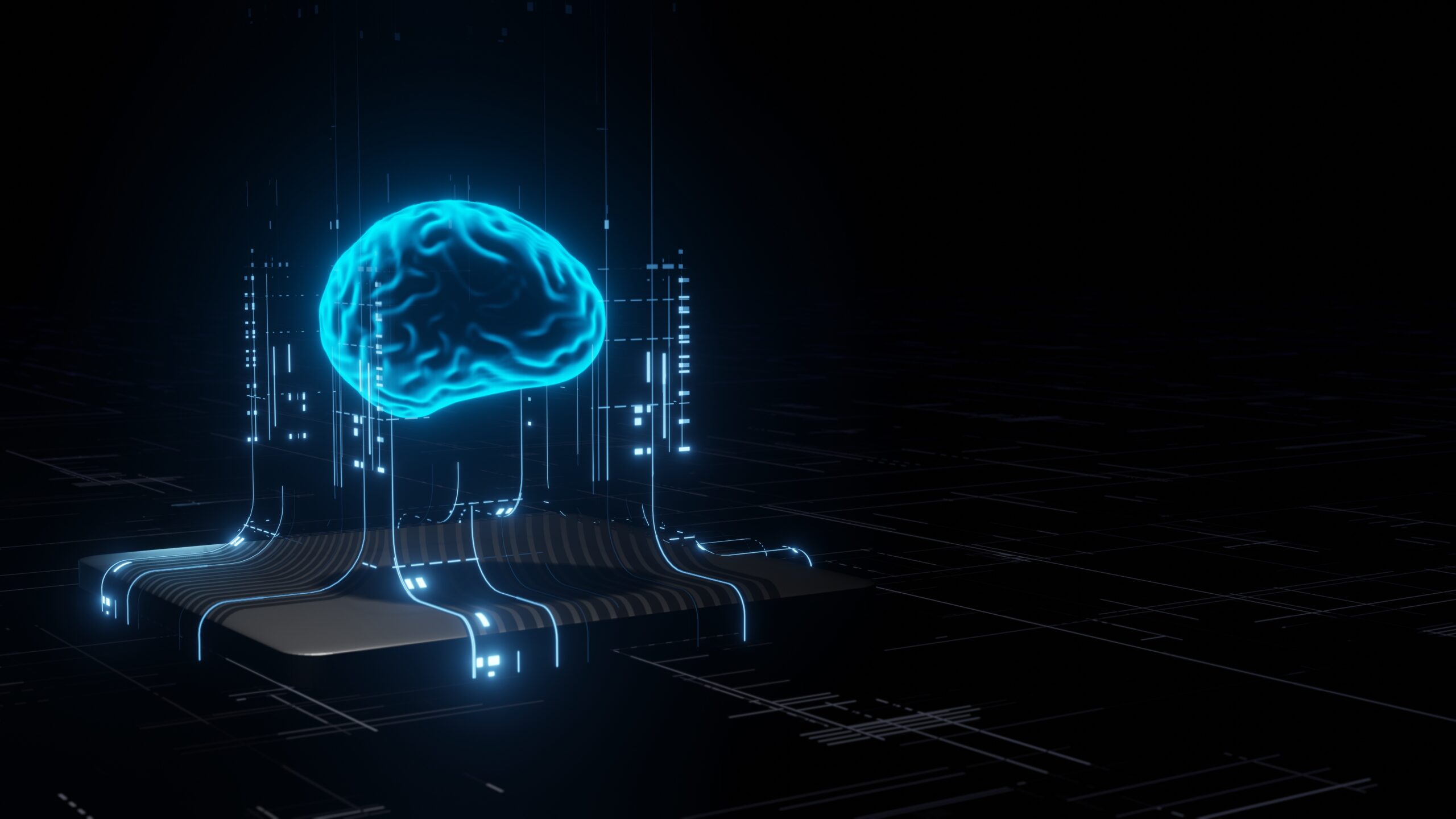 Glowing blue brain hologram hovering over a futuristic circuit platform in a dark, high-tech scene.