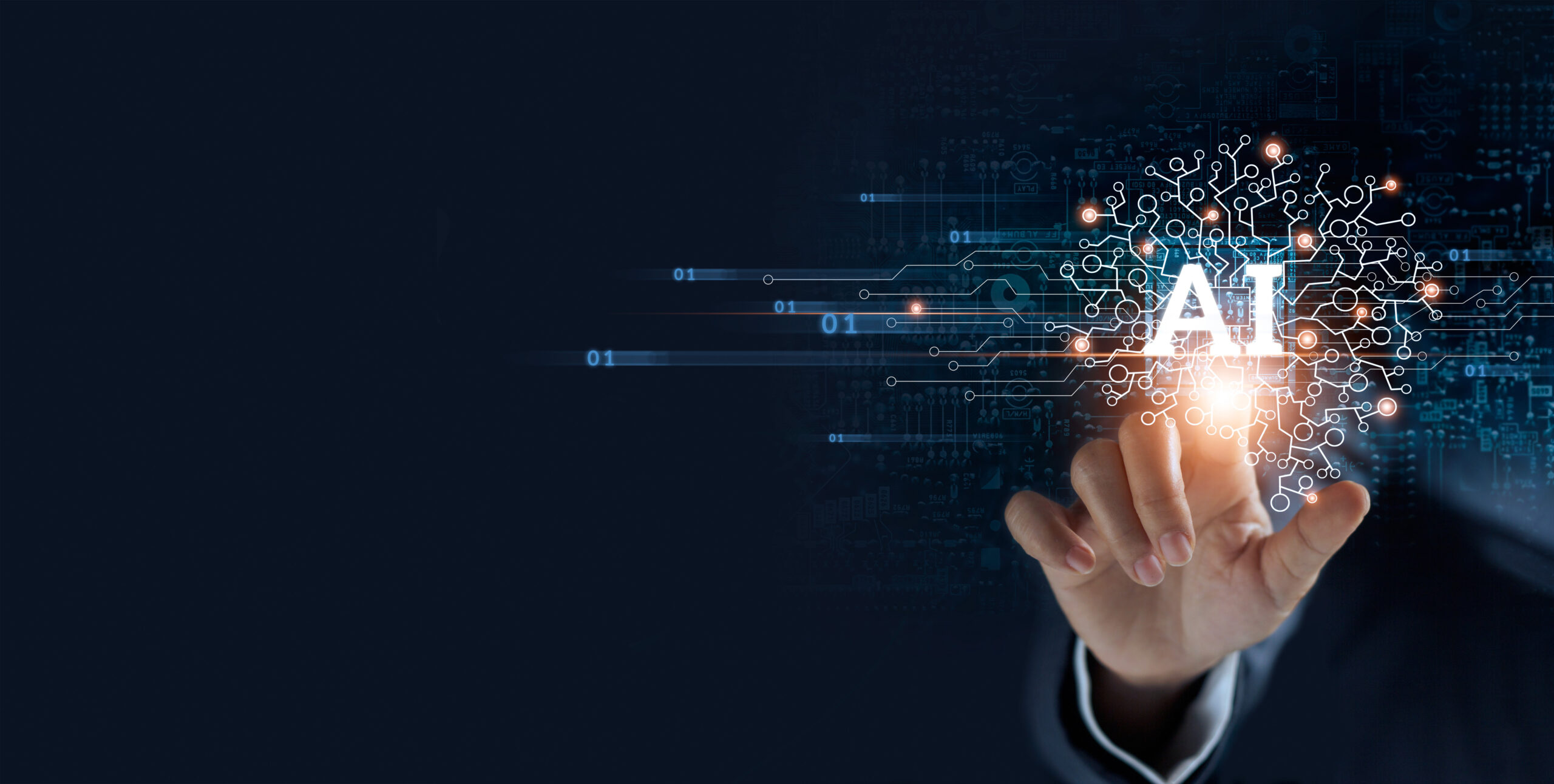 Hand touches a glowing network of interconnected nodes forming the AI concept against a dark blue tech background.