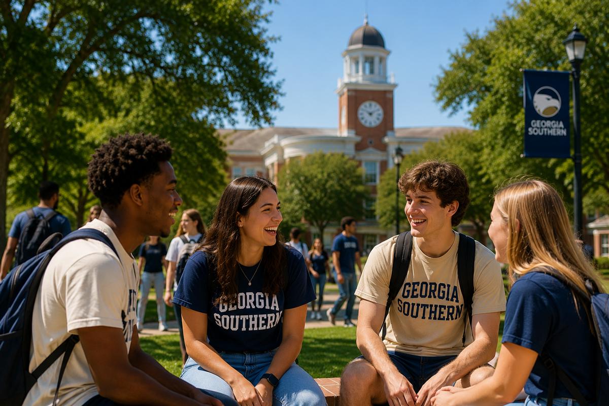 Four students on a sunny campus chatting, wearing Georgia Southern shirts, with a clock-tower building in the background.