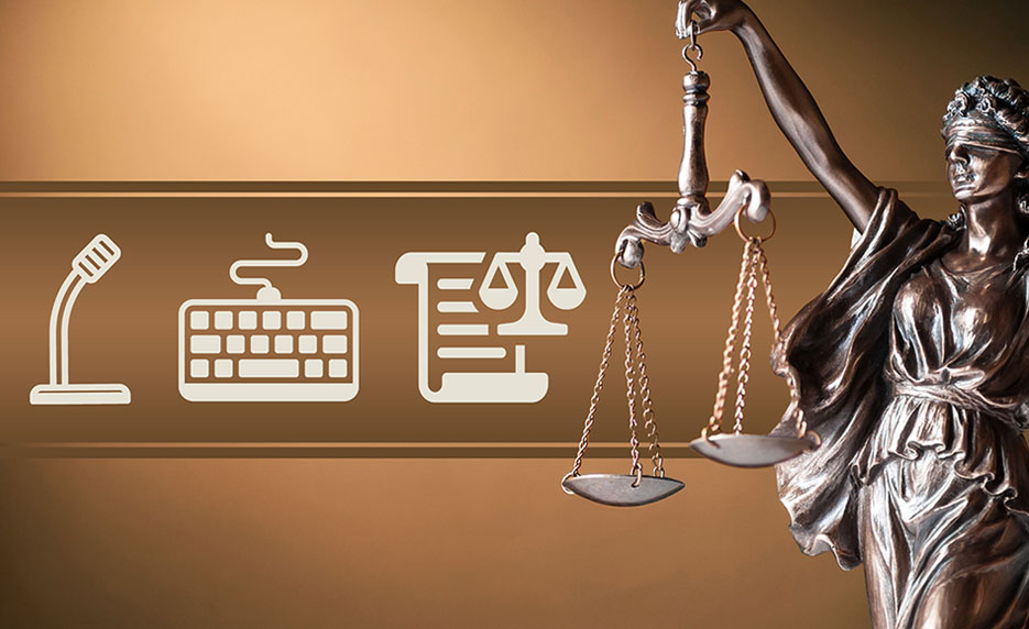 Lady Justice with scales beside a tech-themed banner showing a microphone and keyboard, symbolizing legal technology.