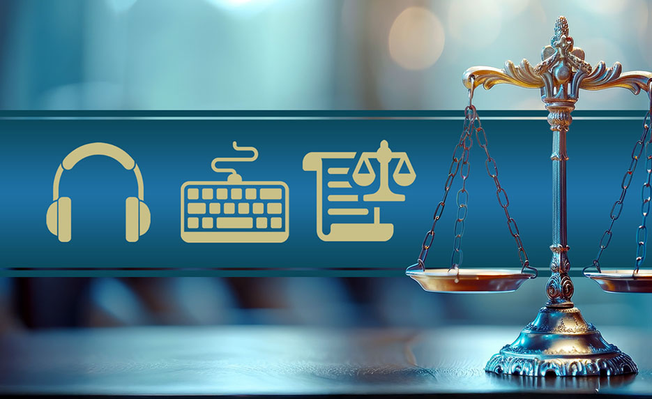Blue banner with icons for headphones, keyboard, and scales of justice beside a decorative balance scale on the right.