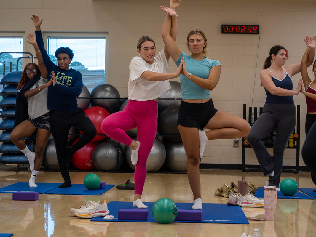 Group of young people in a gym doing yoga poses on mats with blocks and small balls nearby, balancing on one leg with hands together above their heads.