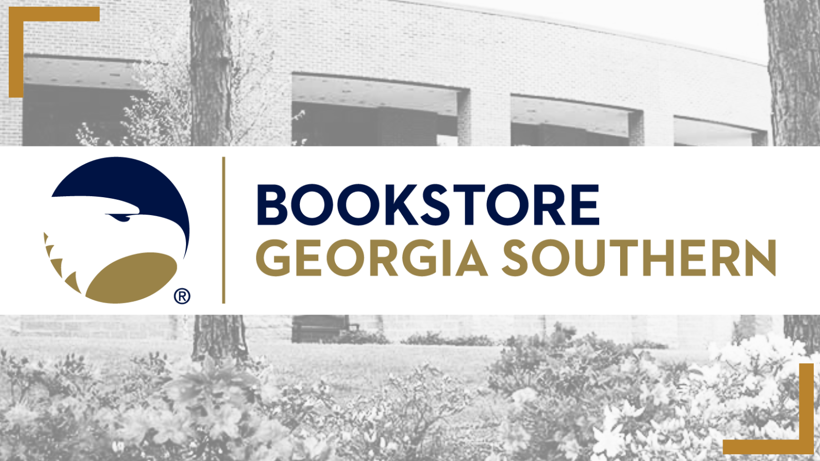 Banner for Georgia Southern University Bookstore: navy/gold logo with 'BOOKSTORE GEORGIA SOUTHERN' text on white band, grayscale background.