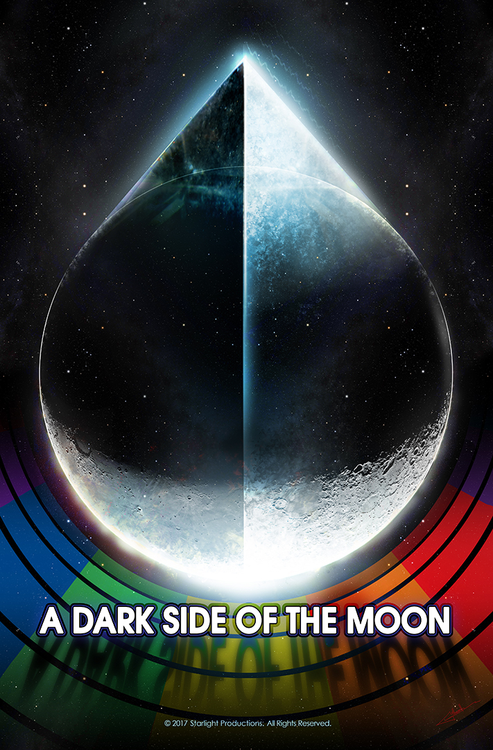Digital poster of a split moon with blue glow at the top, surrounded by rainbow arcs and the title 'A Dark Side of the Moon'.